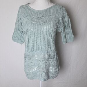 NWT Talbots Mint Green Open Crochet Short Sleeve Cotton Women's Sweater Small